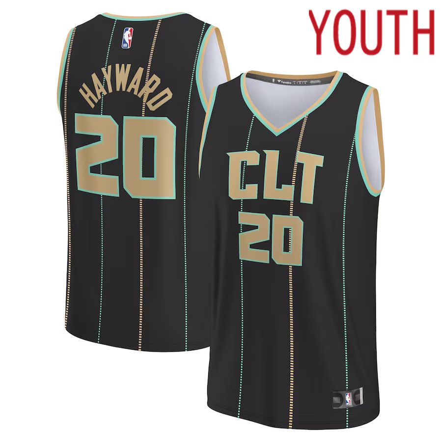 Youth Charlotte Hornets #20 Gordon Hayward Fanatics Branded Black City Edition 2022-23 Fastbreak NBA Jersey->youth nba jersey->Youth Jersey